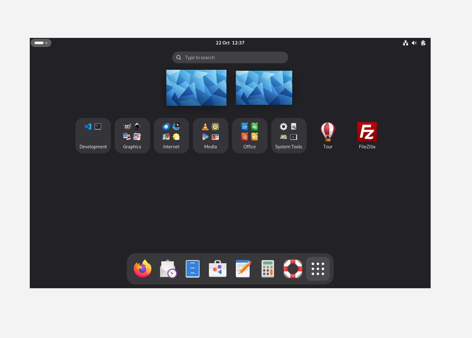 The ANDDAV GNOME application grid, organised into Development, Graphics, Internet, Media, Office and System Tools folders